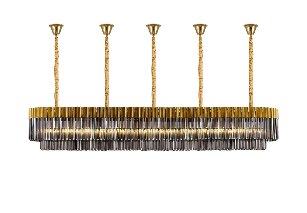 Longhorn 250 x 40cm Linear Pendant With Bell Cup, 13 Light E14, Brass/Smoked Sculpted Glass