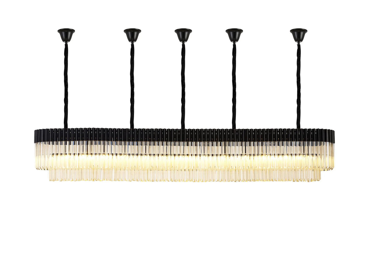 Longhorn 250 x 40cm Linear Pendant With Bell Cup, 13 Light E14, Matt Black/Cognac Sculpted Glass