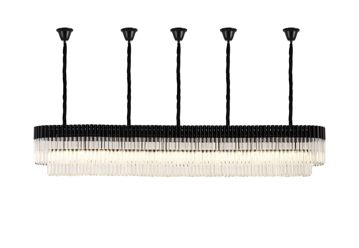 Longhorn 250 x 40cm Linear Pendant With Bell Cup, 13 Light E14, Matt Black/Clear Sculpted Glass