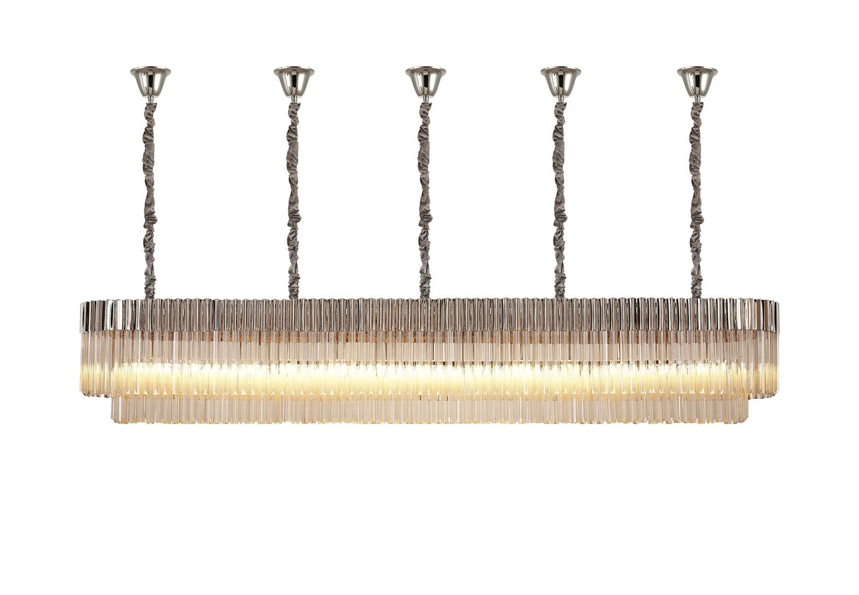 Longhorn 250 x 40cm Linear Pendant With Bell Cup, 13 Light E14, Polished Nickel/Cognac Sculpted Glass