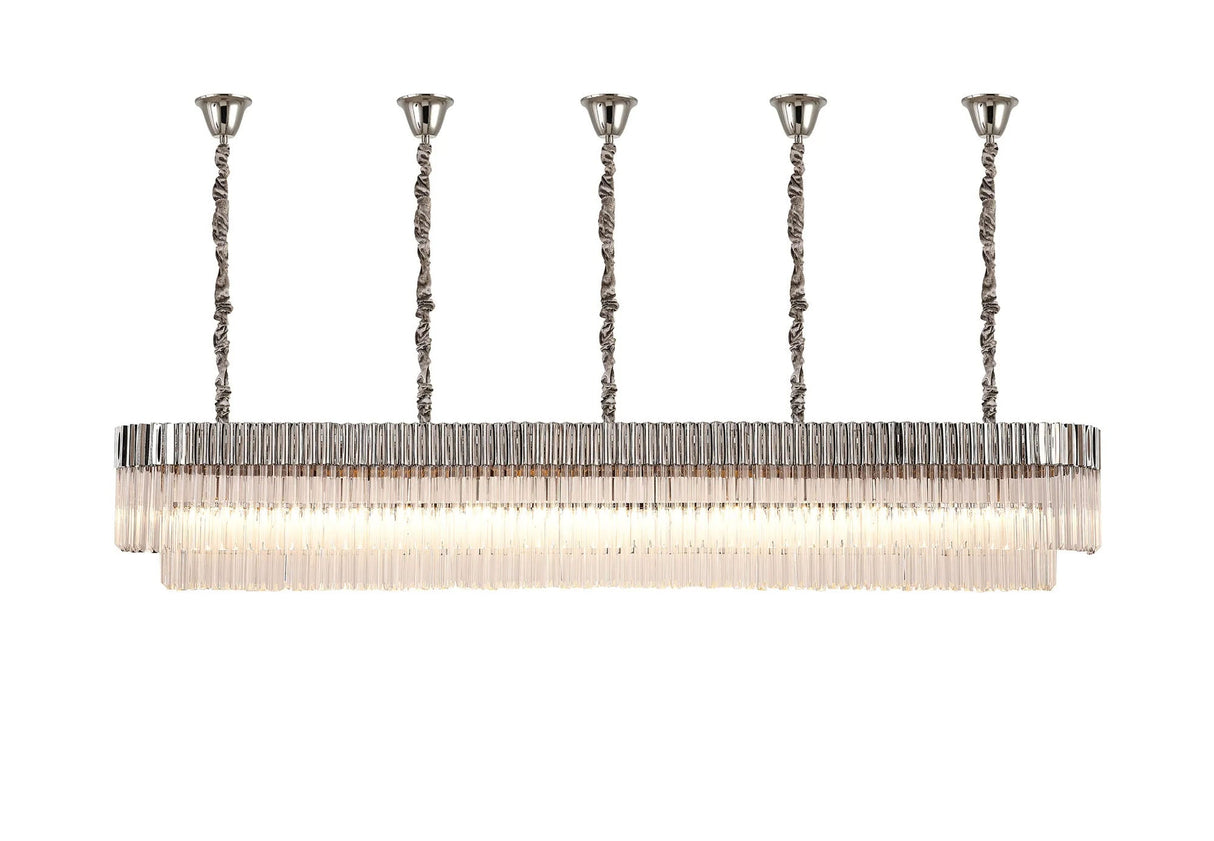 Longhorn 250 x 40cm Linear Pendant With Bell Cup, 13 Light E14, Polished Nickel/Clear Sculpted Glass