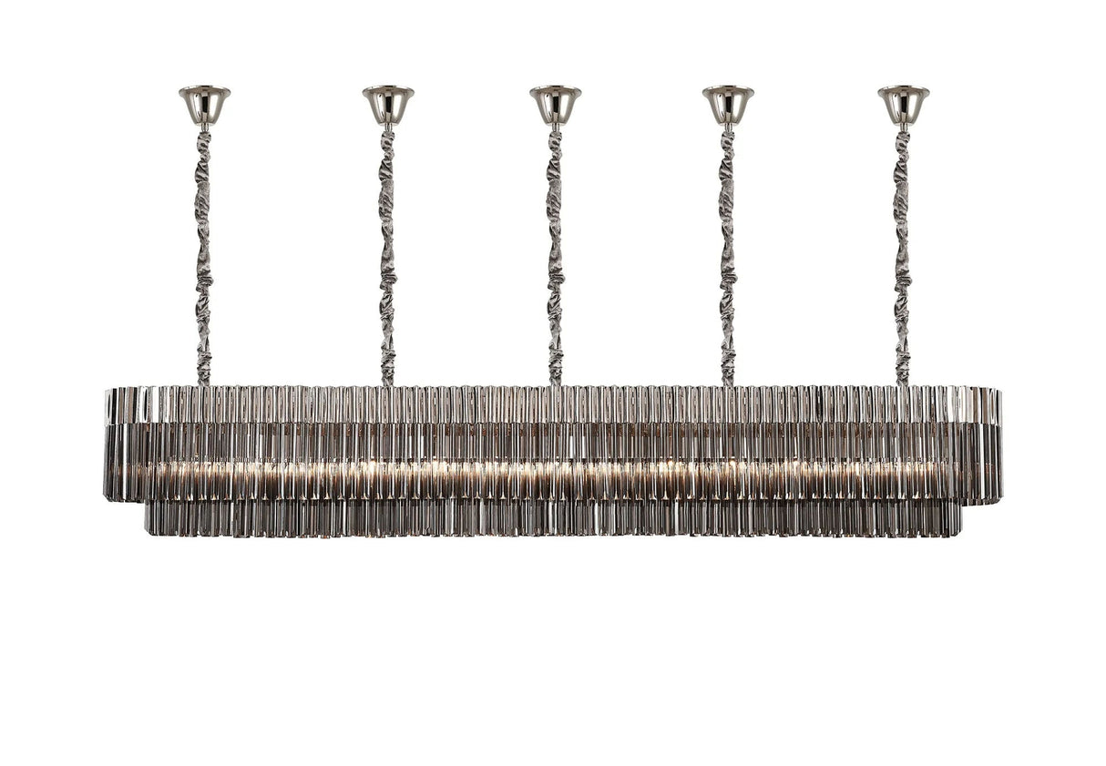 Longhorn 250 x 40cm Linear Pendant With Bell Cup, 13 Light E14, Polished Nickel/Smoked Sculpted Glass