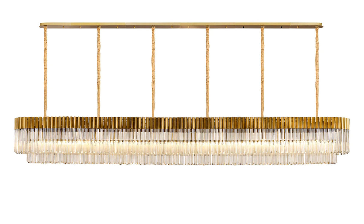 Longhorn 300 x 40cm Linear Pendant, 16 Light E14, Brass/Cognac Sculpted Glass