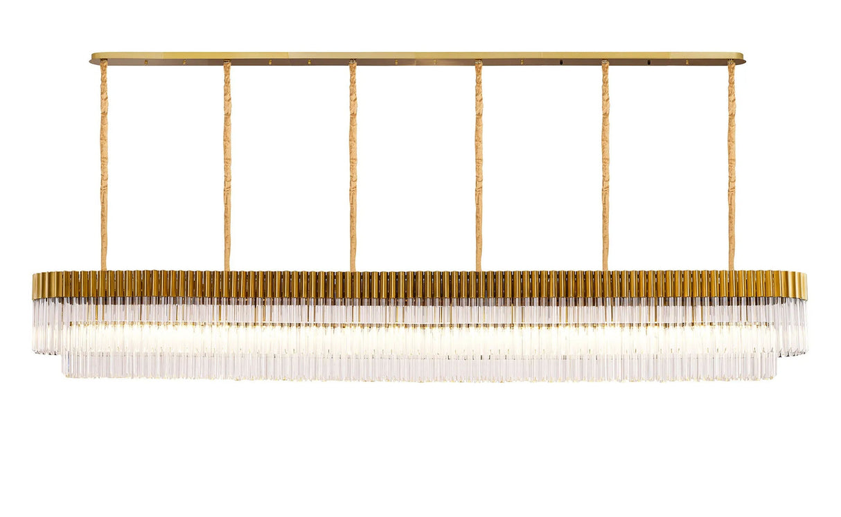 Longhorn 300 x 40cm Linear Pendant, 16 Light E14, Brass/Clear Sculpted Glass