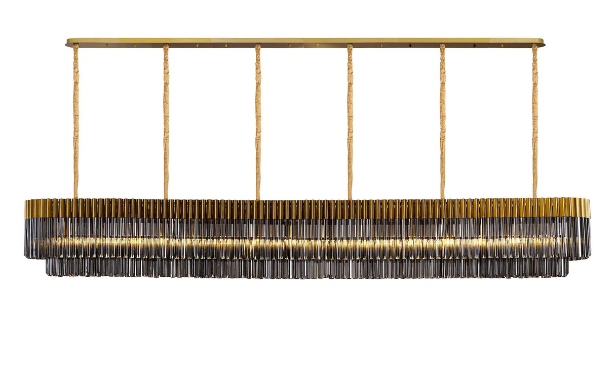 Longhorn 300 x 40cm Linear Pendant, 16 Light E14, Brass/Smoked Sculpted Glass