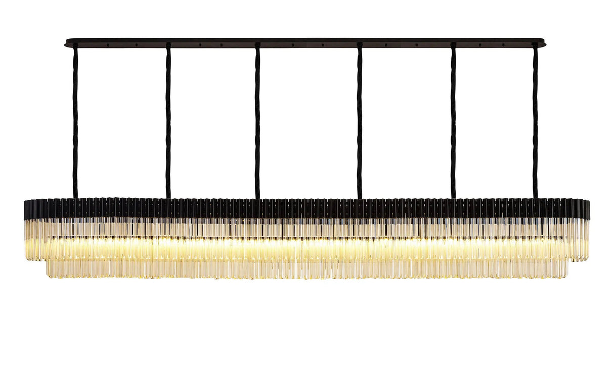 Longhorn 300 x 40cm Linear Pendant, 16 Light E14, Matt Black/Cognac Sculpted Glass