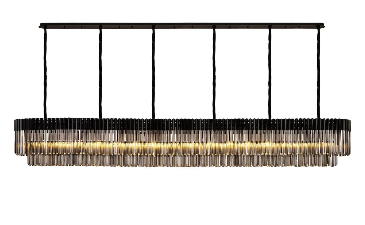 Longhorn 300 x 40cm Linear Pendant, 16 Light E14, Matt Black/Smoked Sculpted Glass
