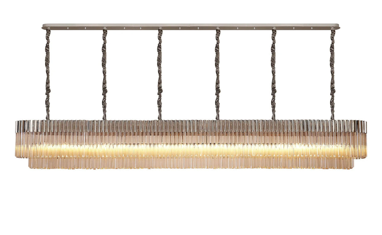 Longhorn 300 x 40cm Linear Pendant, 16 Light E14, Polished Nickel/Cognac Sculpted Glass