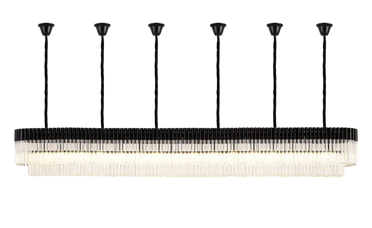 Longhorn 300 x 40cm Linear Pendant With Bell Cup, 16 Light E14, Matt Black/Clear Sculpted Glass