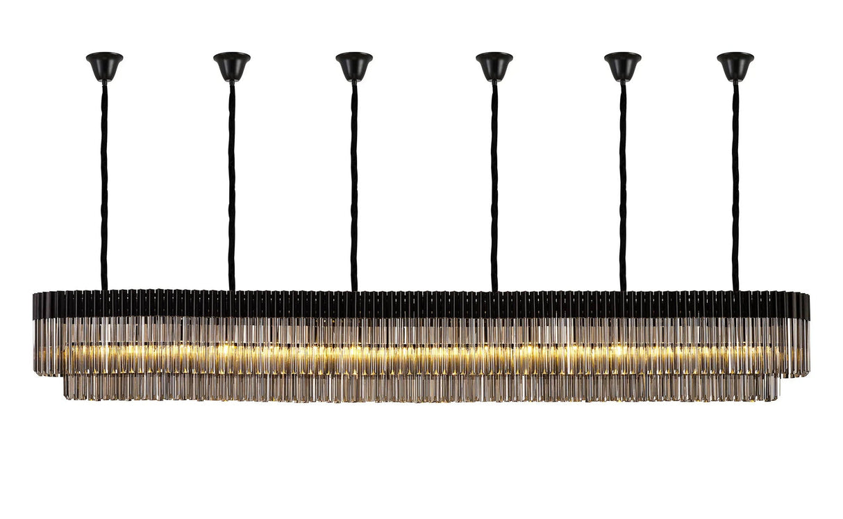 Longhorn 300 x 40cm Linear Pendant With Bell Cup, 16 Light E14, Matt Black/Smoked Sculpted Glass