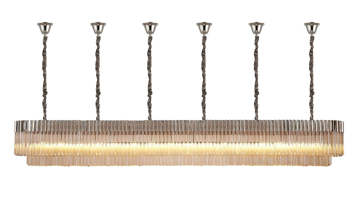 Longhorn 300 x 40cm Linear Pendant With Bell Cup, 16 Light E14, Polished Nickel/Cognac Sculpted Glass