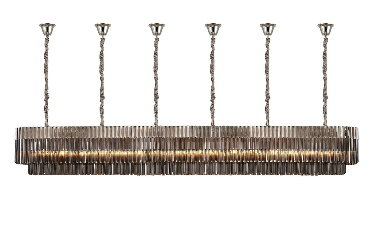Longhorn 300 x 40cm Linear Pendant With Bell Cup, 16 Light E14, Polished Nickel/Smoked Sculpted Glass