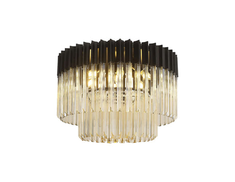 Longhorn 60cm Flush Ceiling Round 7 x E14, Matt Black/Cognac Sculpted Glass (15kg)