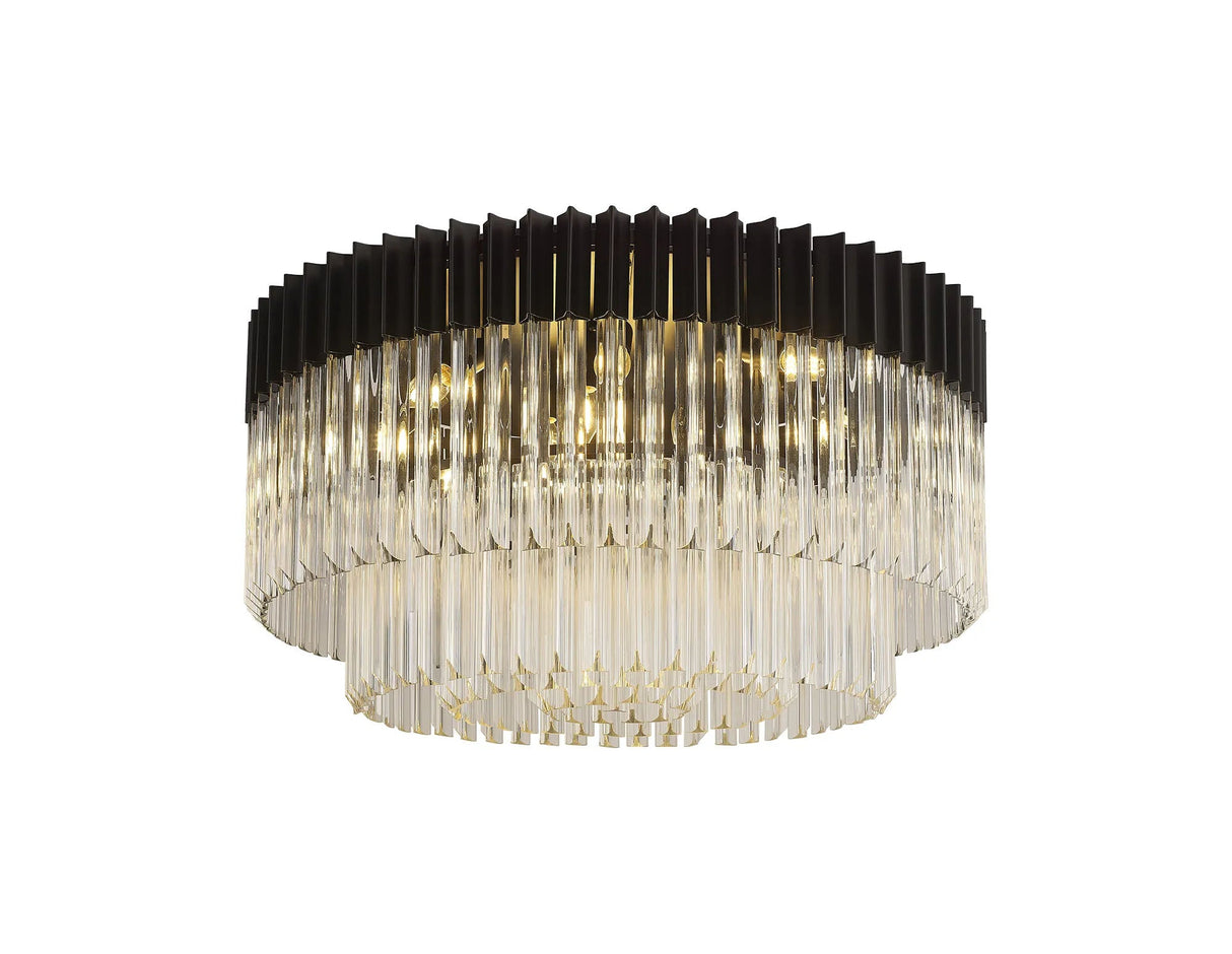 Longhorn 80cm Flush Ceiling Round 12 x E14, Matt Black/Clear Sculpted Glass (29kg)
