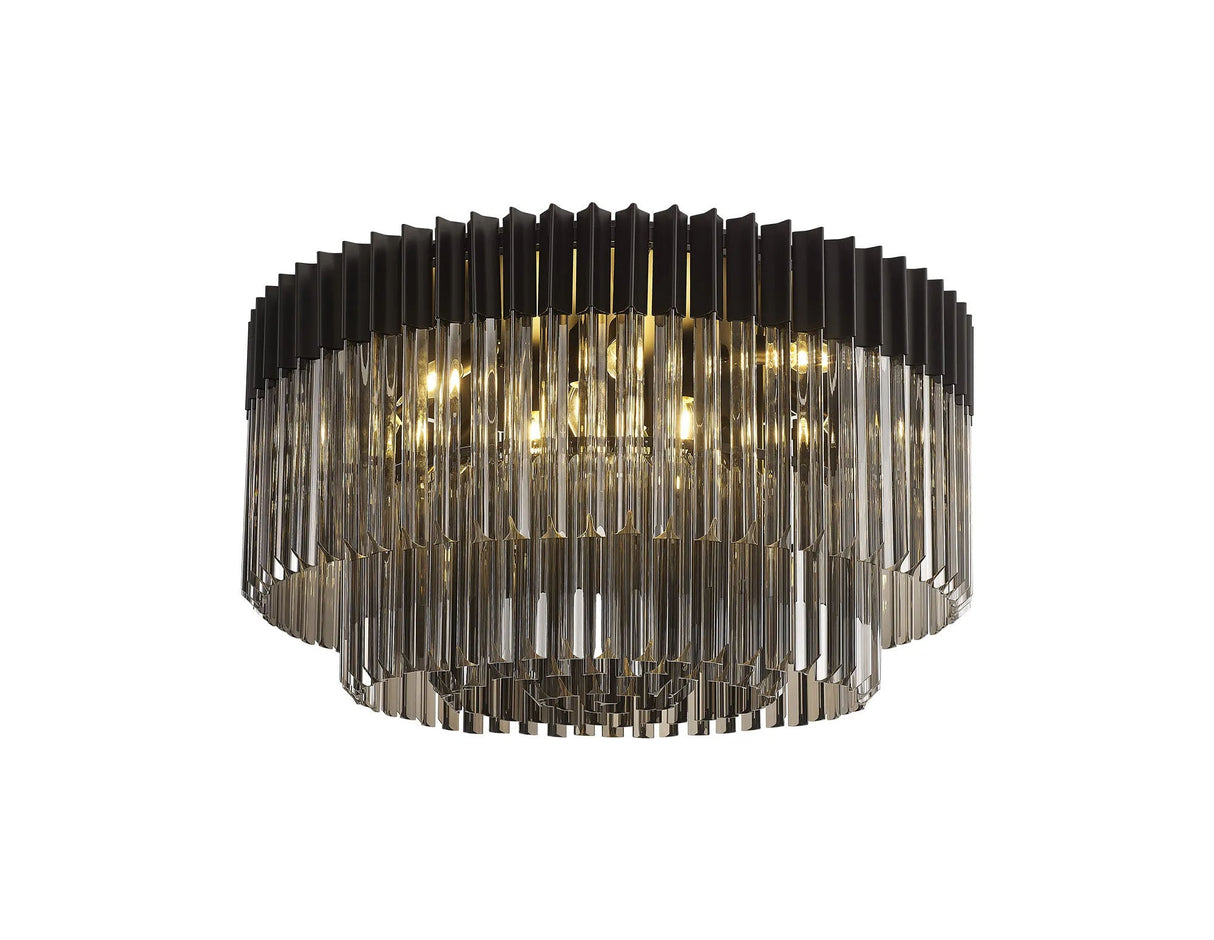 Longhorn 80cm Flush Ceiling Round 12 x E14, Matt Black/Smoke Sculpted Glass (29kg)