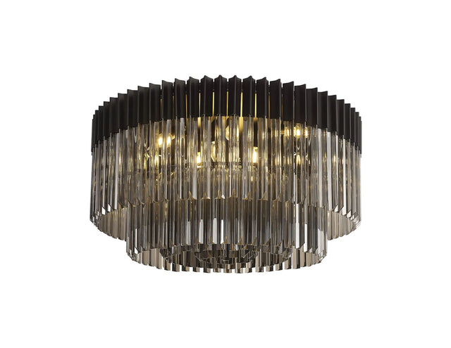 Longhorn 80cm Flush Ceiling Round 12 x E14, Matt Black/Smoke Sculpted Glass (29kg)