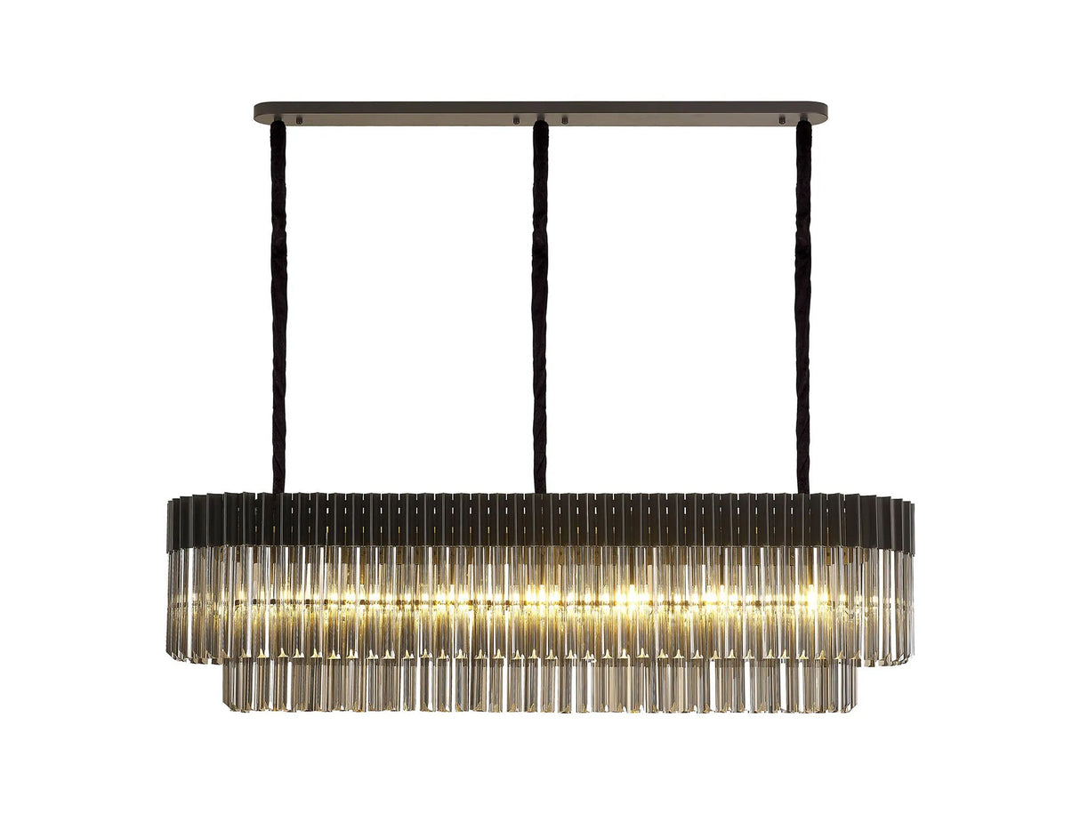 Longhorn 150 x 40cm Linear Pendant Rectangle 7 x E14, Matt Black/Smoke Sculpted Glass