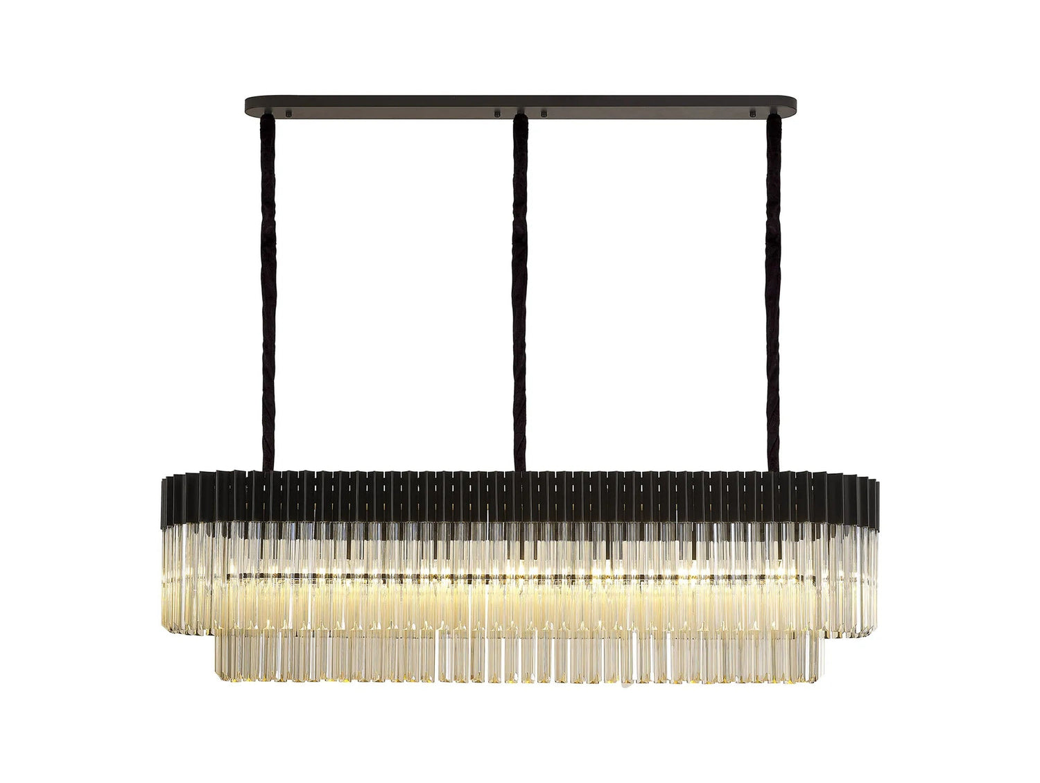 Longhorn 150 x 40cm Linear Pendant Rectangle 7 x E14, Matt Black/Cognac Sculpted Glass