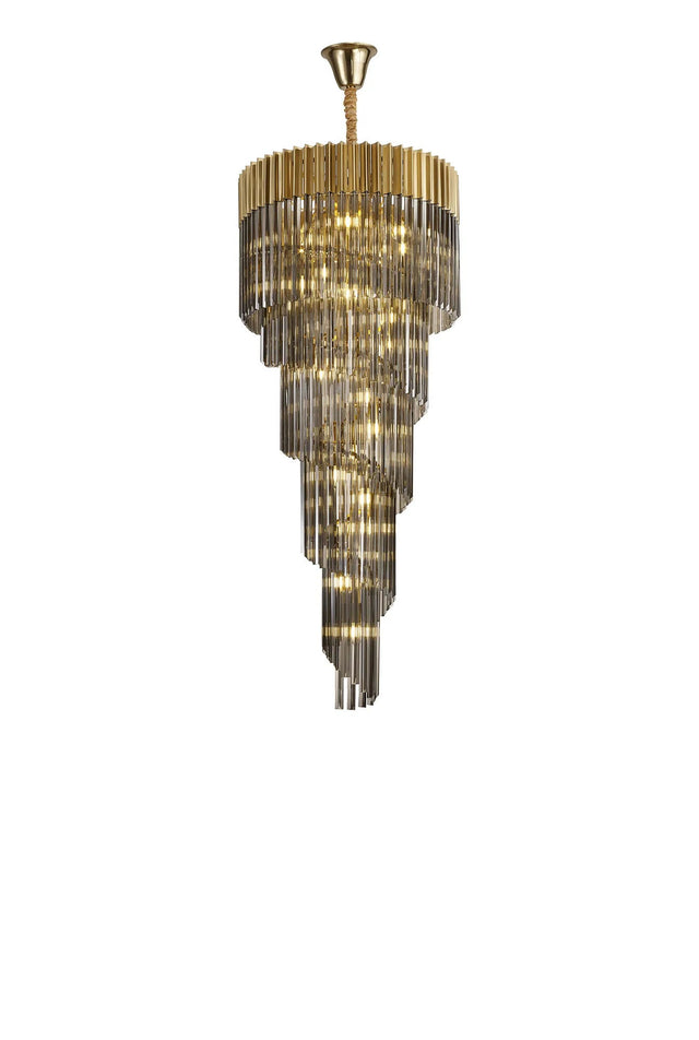 Longhorn 70cm Pendant Round 5 Tier 23 x E14, Brass/Smoke Sculpted Glass