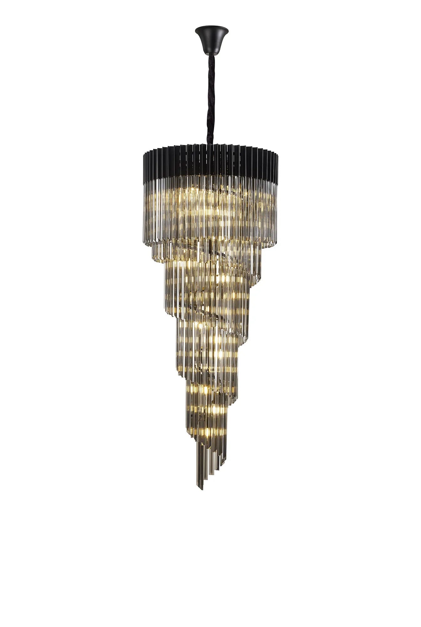 Longhorn 70cm Pendant Round 5 Tier 23 x E14, Matt Black/Smoke Sculpted Glass