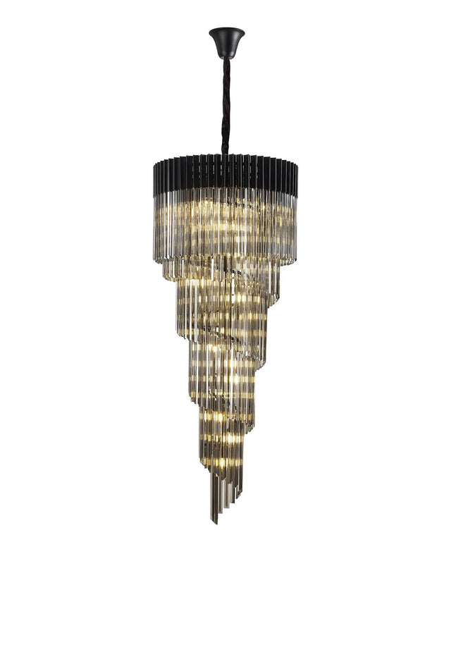 Longhorn 70cm Pendant Round 5 Tier 23 x E14, Matt Black/Smoke Sculpted Glass