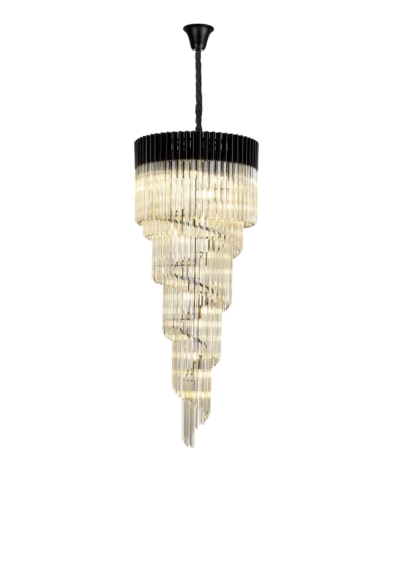 Longhorn 70cm Pendant Round 5 Tier 23 x E14, Matt Black/Cognac Sculpted Glass