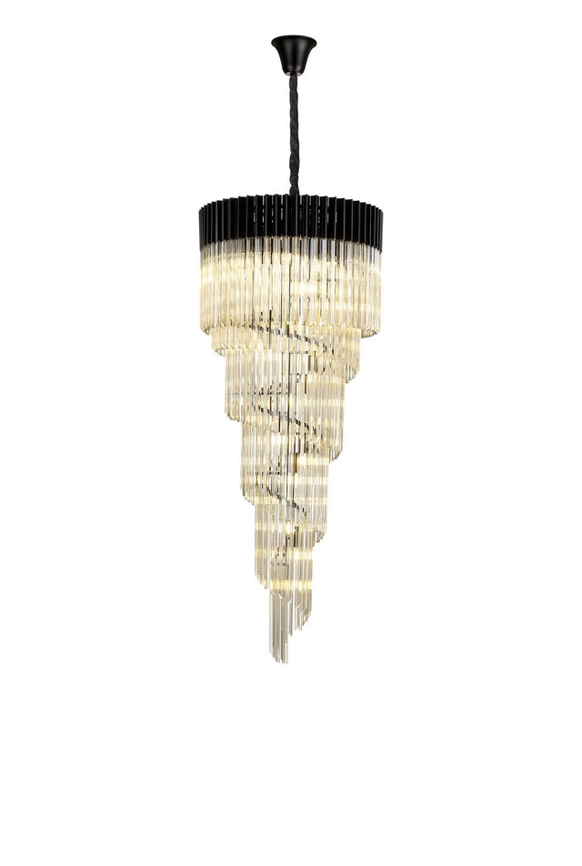 Longhorn 70cm Pendant Round 5 Tier 23 x E14, Matt Black/Cognac Sculpted Glass
