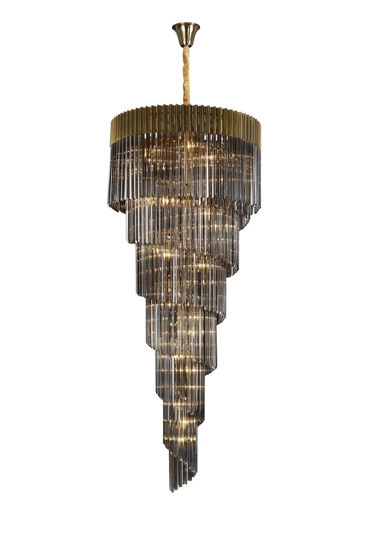 Longhorn 90cm Pendant Round 7 Tier 31 x E14, Brass/Smoke Sculpted Glass