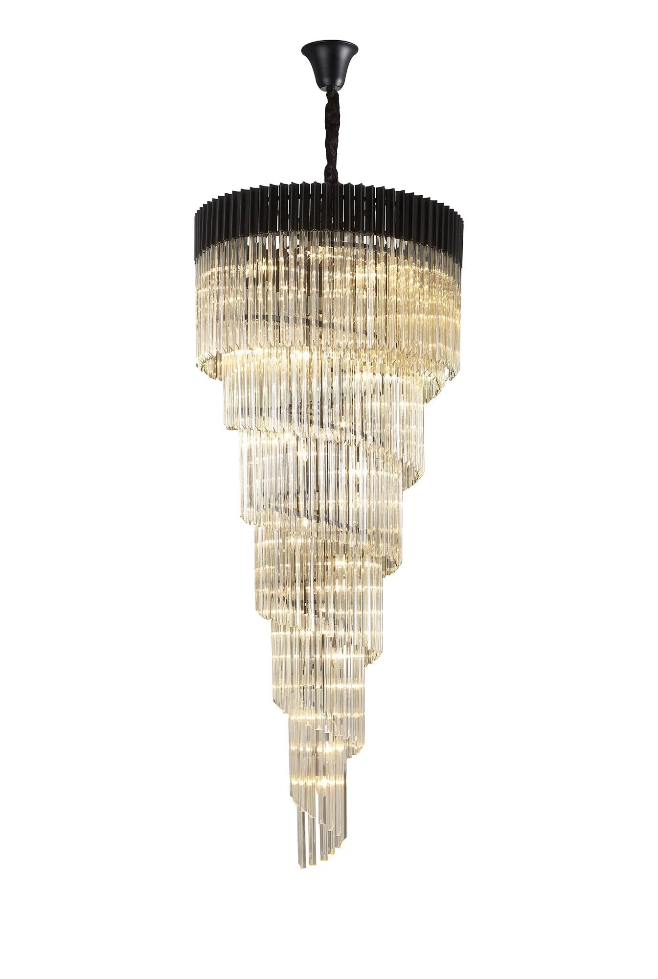 Longhorn 90cm Pendant Round 7 Tier 31 x E14, Matt Black/Cognac Sculpted Glass