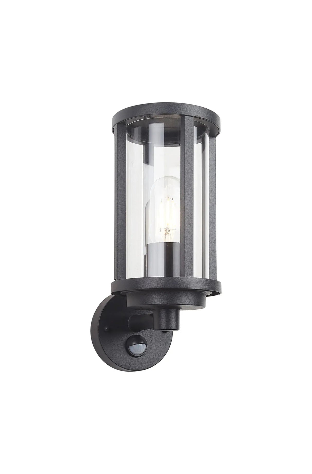 Mannone Cylinder PIR Wall Lamp 1 Light IP44 Matt Black/Clear
