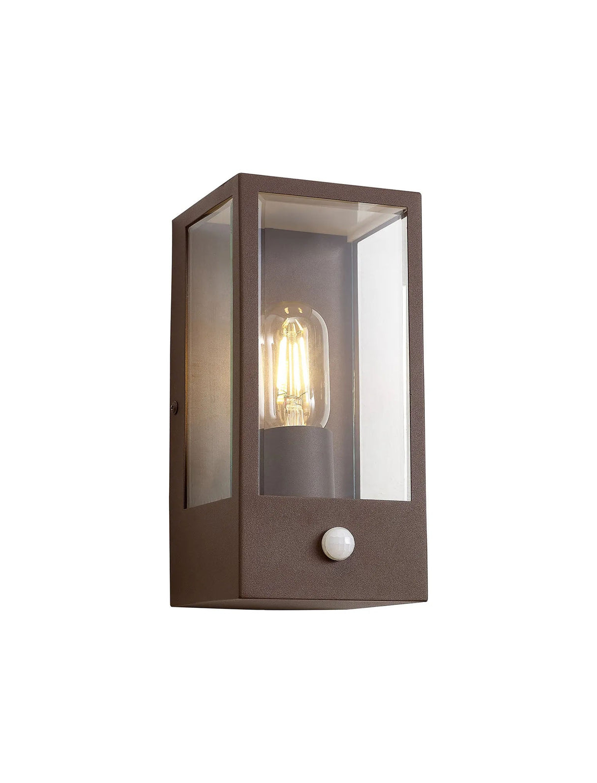 Mannone Rectangular PIR Wall Lamp 1 Light IP44 Dark Brown/Clear