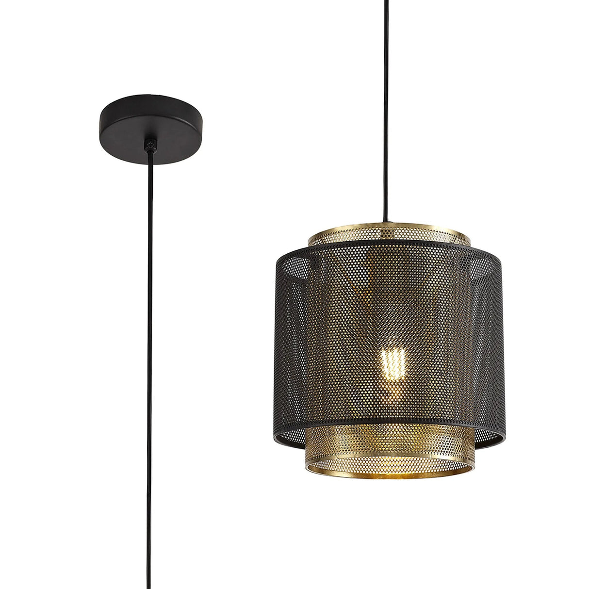 Marangoni Single Small Pendant, 1 Light Adjustable E27, Matt Black/Satin Gold