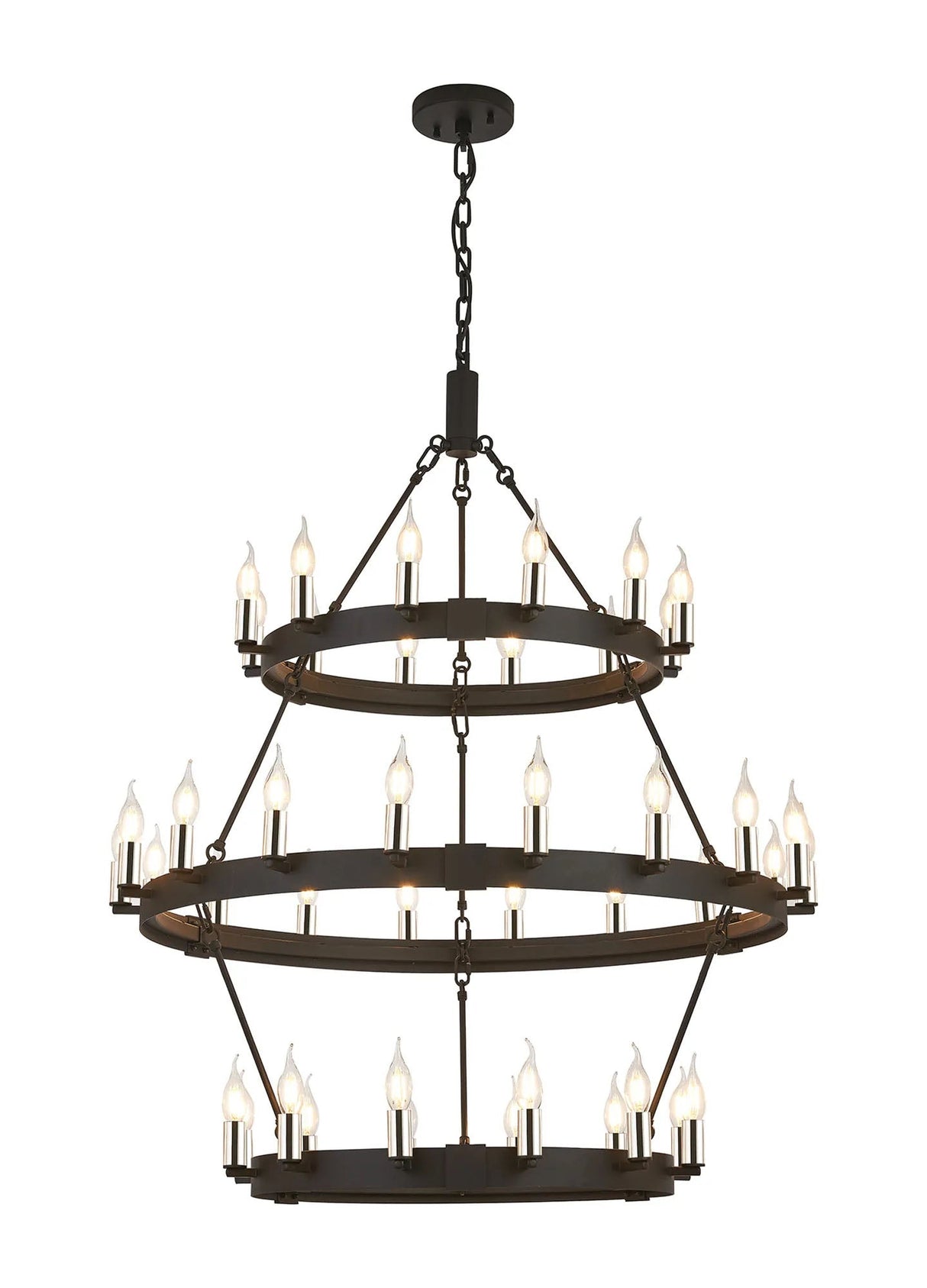 Matete 3 Tier 66cm+97cm Pendant, 12+18+12 Light E14, Satin Black/Polished Nickel