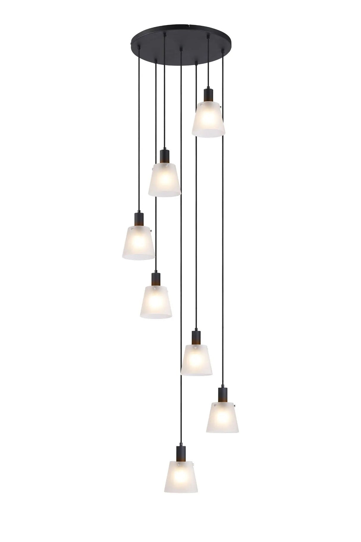 Mattson Round Pendant, 16cm x 14cm Shade, 7 x E27, Sand Black/Frosted White Glass Shade