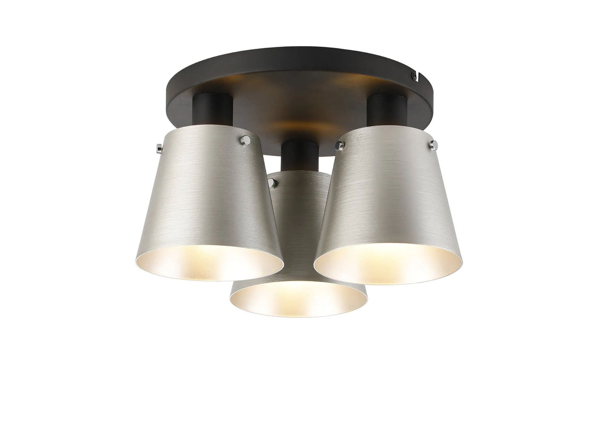 Mattson Round Ceiling Light, 16cm x 14cm Shade, 3 x E27, Sand Black/Light Grey/Silver Metal Shade