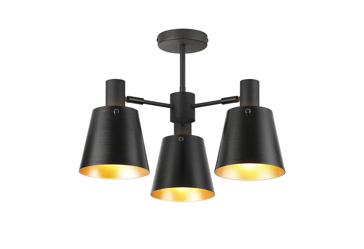 Mattson Semi Ceiling x Adjustable Arms, 16cm x 14cm Shade, 3 x E27, Sand Black/Black/Gold Metal Shade