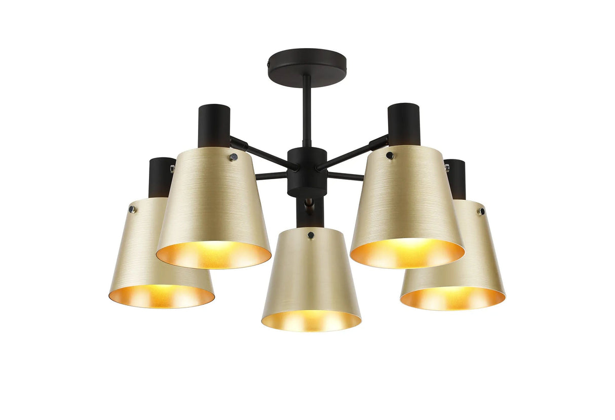 Mattson Semi Ceiling x Adjustable Arms, 16cm x 14cm Shade, 5 x E27, Sand Black/Brass/Gold Metal Shade