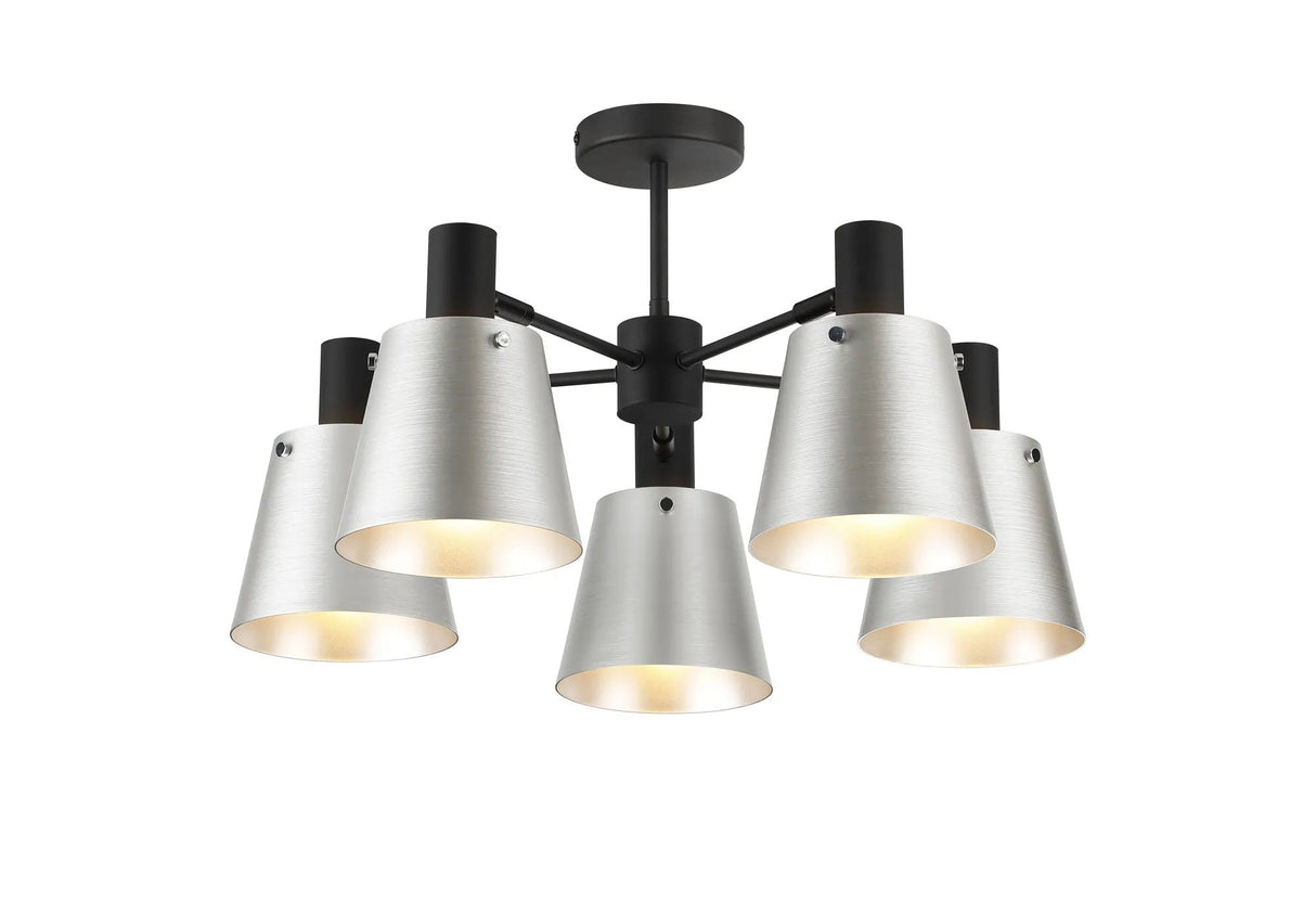 Mattson Semi Ceiling x Adjustable Arms, 16cm x 14cm Shade, 5 x E27, Sand Black/Light Grey/Silver Metal Shade