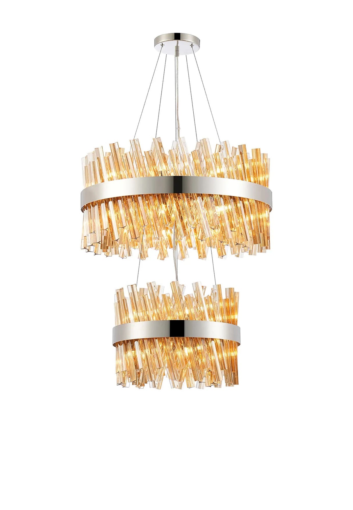 Melville 2 Tier 40cm + 60cm Pendant, 10 + 18 Light G9, Polished Nickel/Amber
