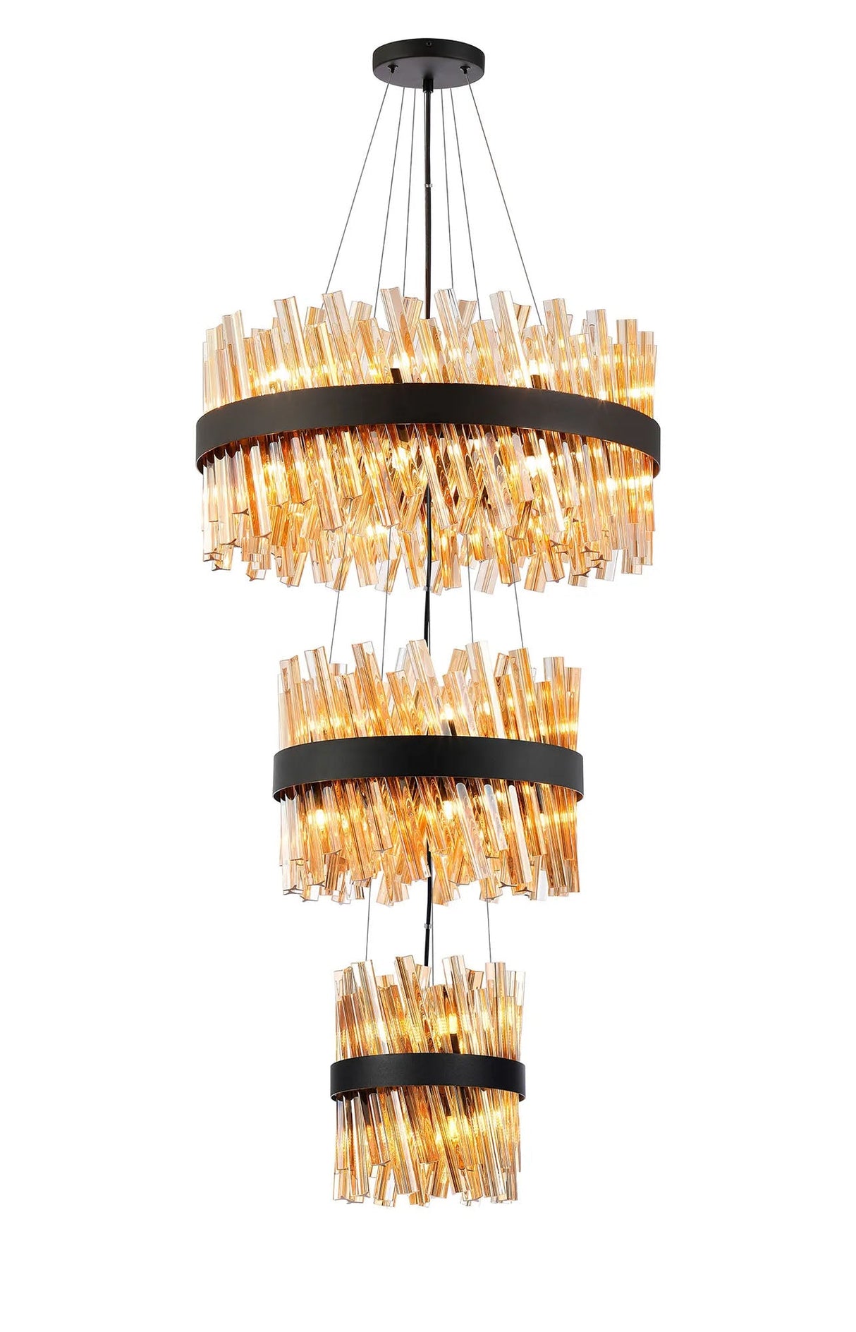 Melville 3 Tier 25cm + 40cm + 60cm Pendant, 6 + 10 + 18 Light G9, Satin Black/Amber