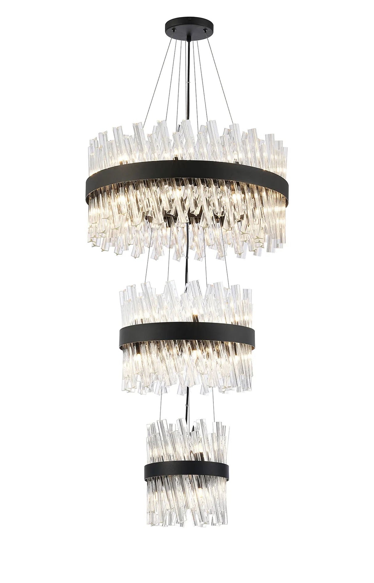 Melville 3 Tier 25cm + 40cm + 60cm Pendant, 6 + 10 + 18 Light G9, Satin Black/Clear