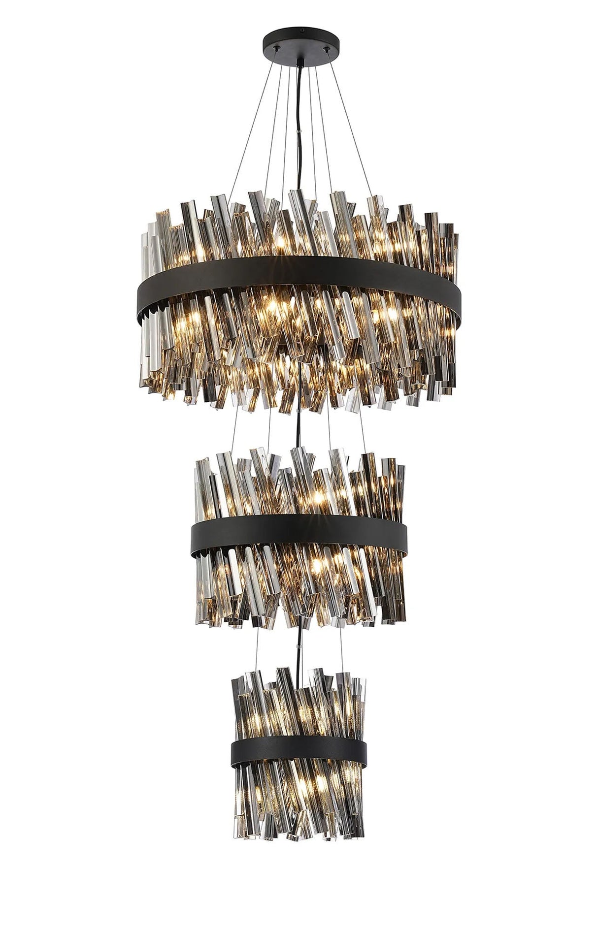 Melville 3 Tier 25cm + 40cm + 60cm Pendant, 6 + 10 + 18 Light G9, Satin Black/Smoke
