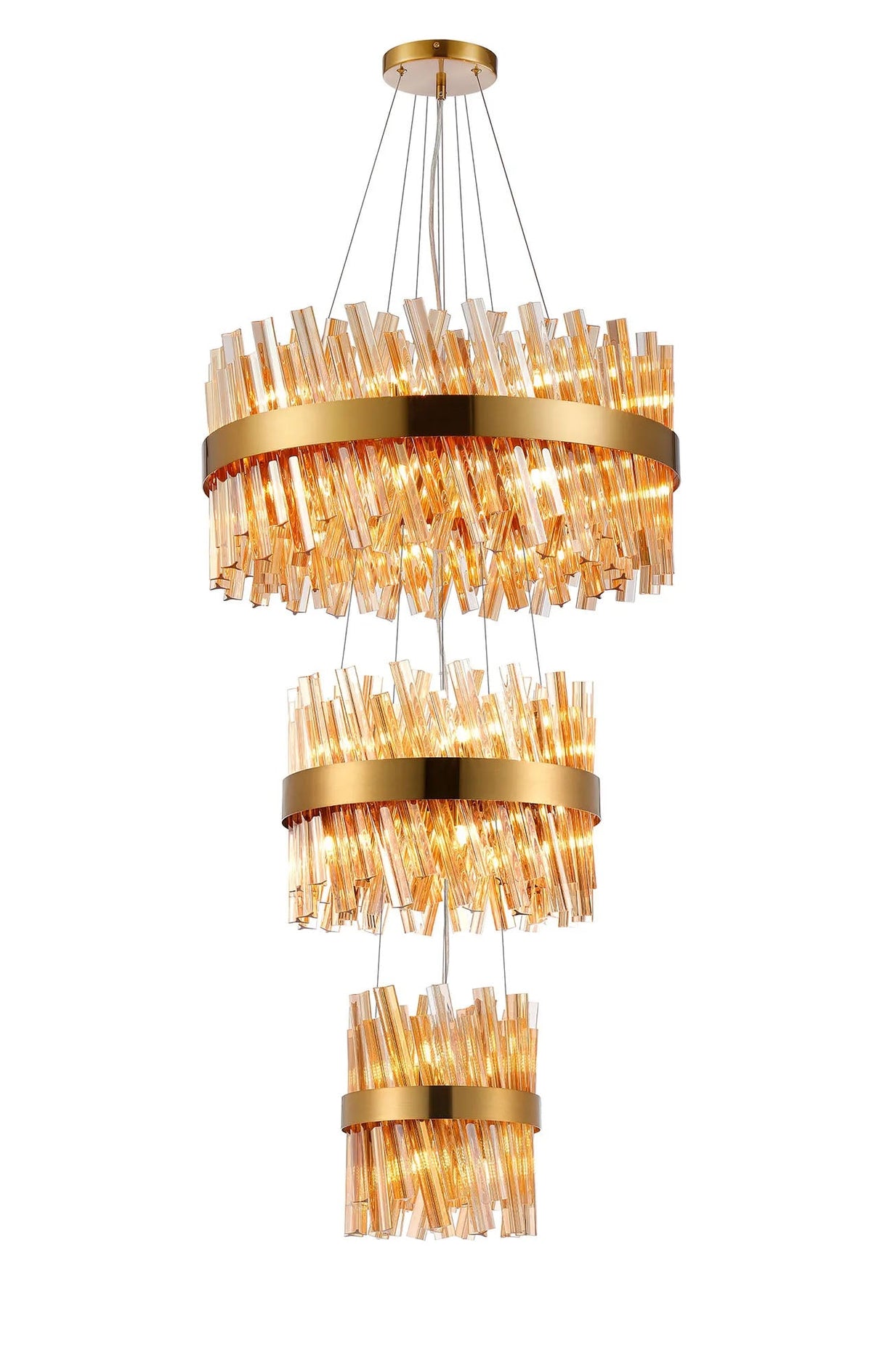 Melville 3 Tier 25cm + 40cm + 60cm Pendant, 6 + 10 + 18 Light G9, Brass/Amber