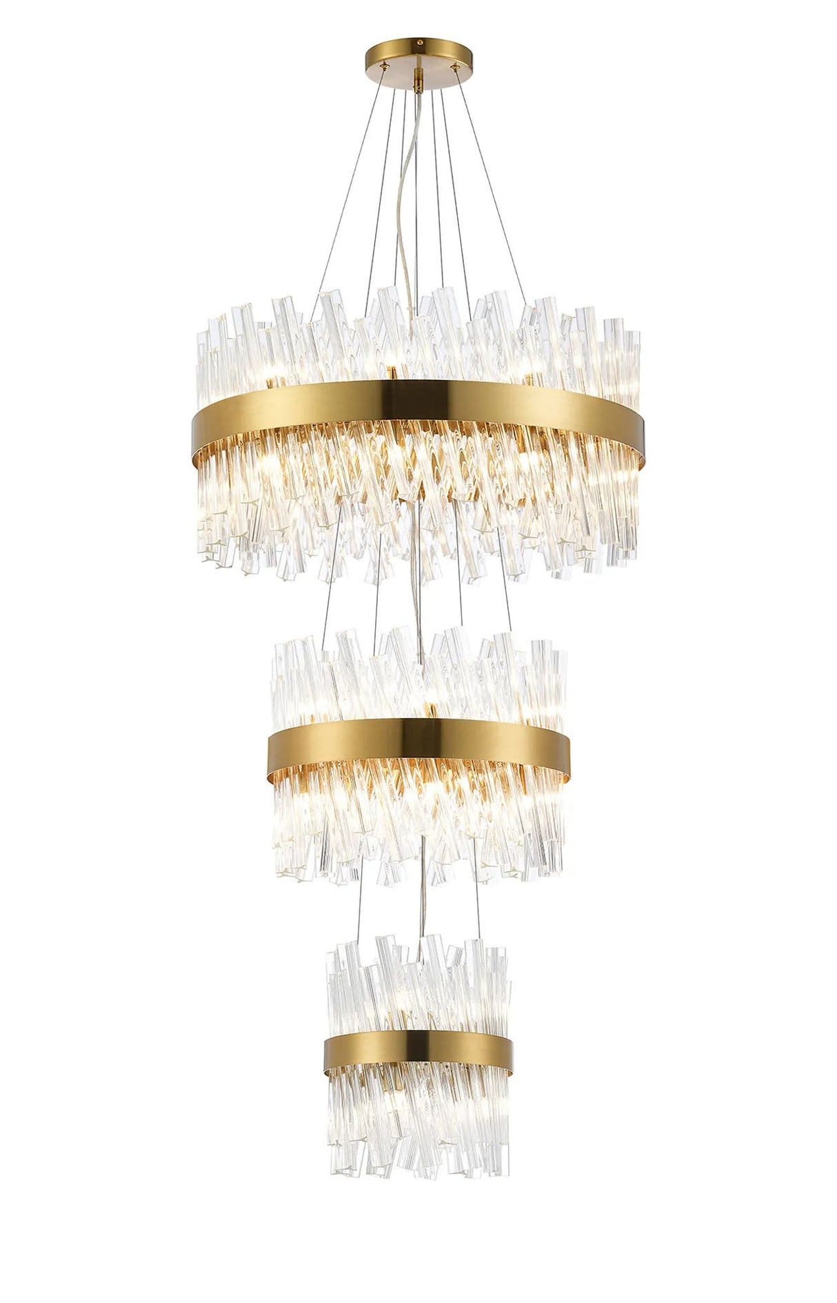 Melville 3 Tier 25cm + 40cm + 60cm Pendant, 6 + 10 + 18 Light G9, Brass/Clear