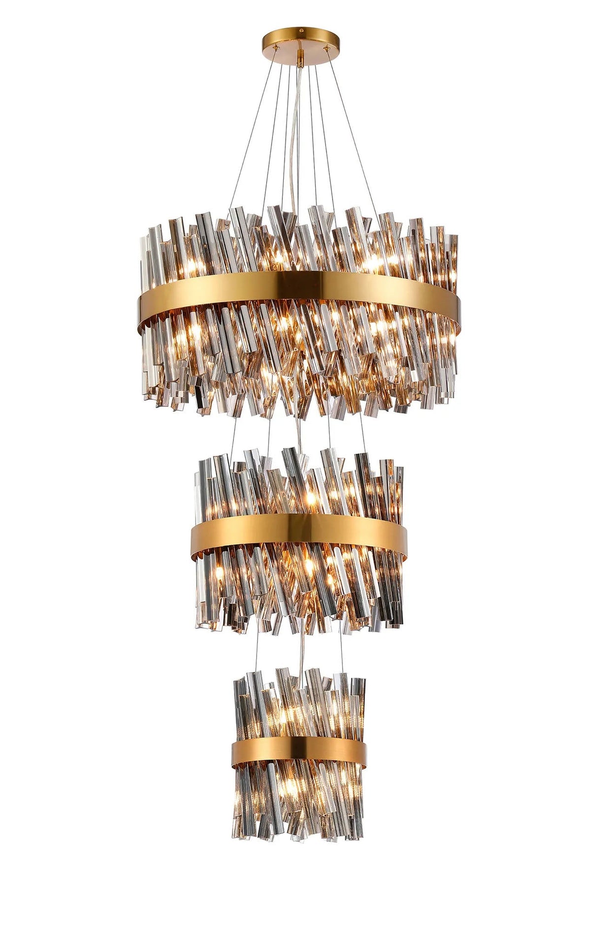 Melville 3 Tier 25cm + 40cm + 60cm Pendant, 6 + 10 + 18 Light G9, Brass/Smoke