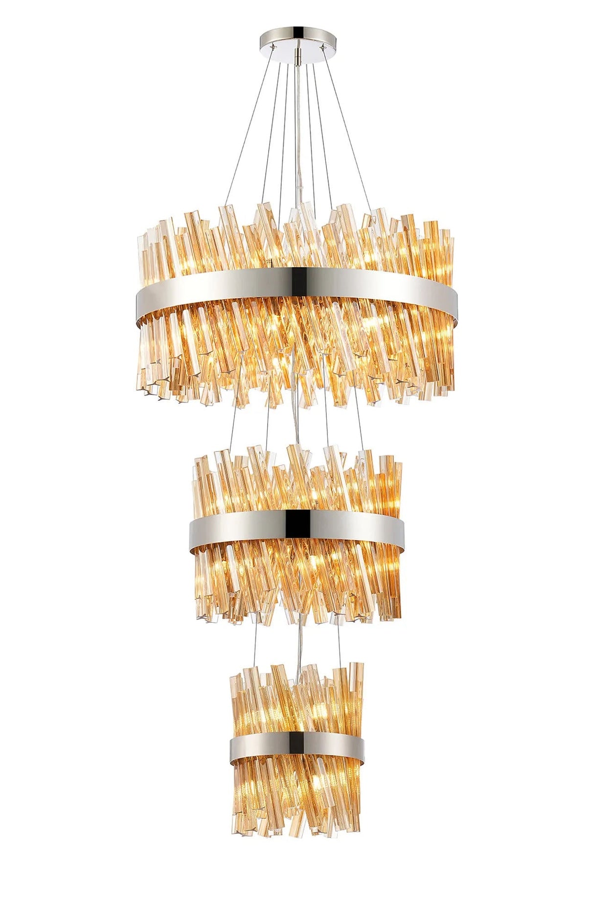 Melville 3 Tier 25cm + 40cm + 60cm Pendant, 6 + 10 + 18 Light G9, Polished Nickel/Amber