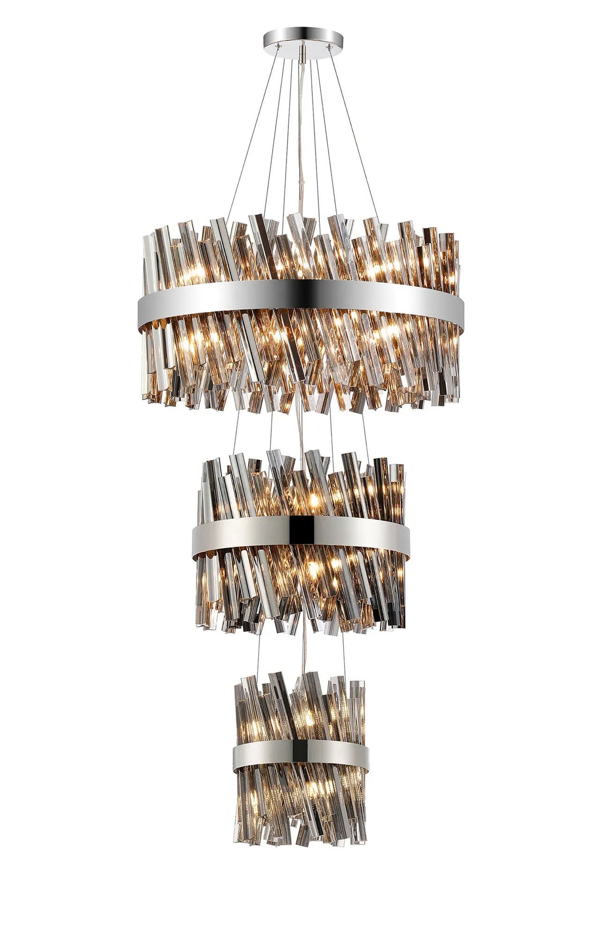 Melville 3 Tier 25cm + 40cm + 60cm Pendant, 6 + 10 + 18 Light G9, Polished Nickel/Smoke