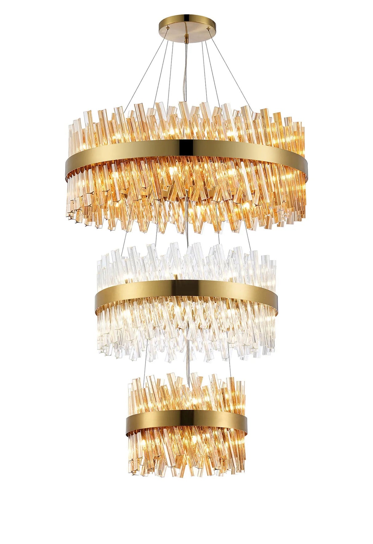 Melville 3 Tier 40cm + 60cm + 80cm Pendant, 10 + 18 + 24 Light G9, Brass/Amber/Clear