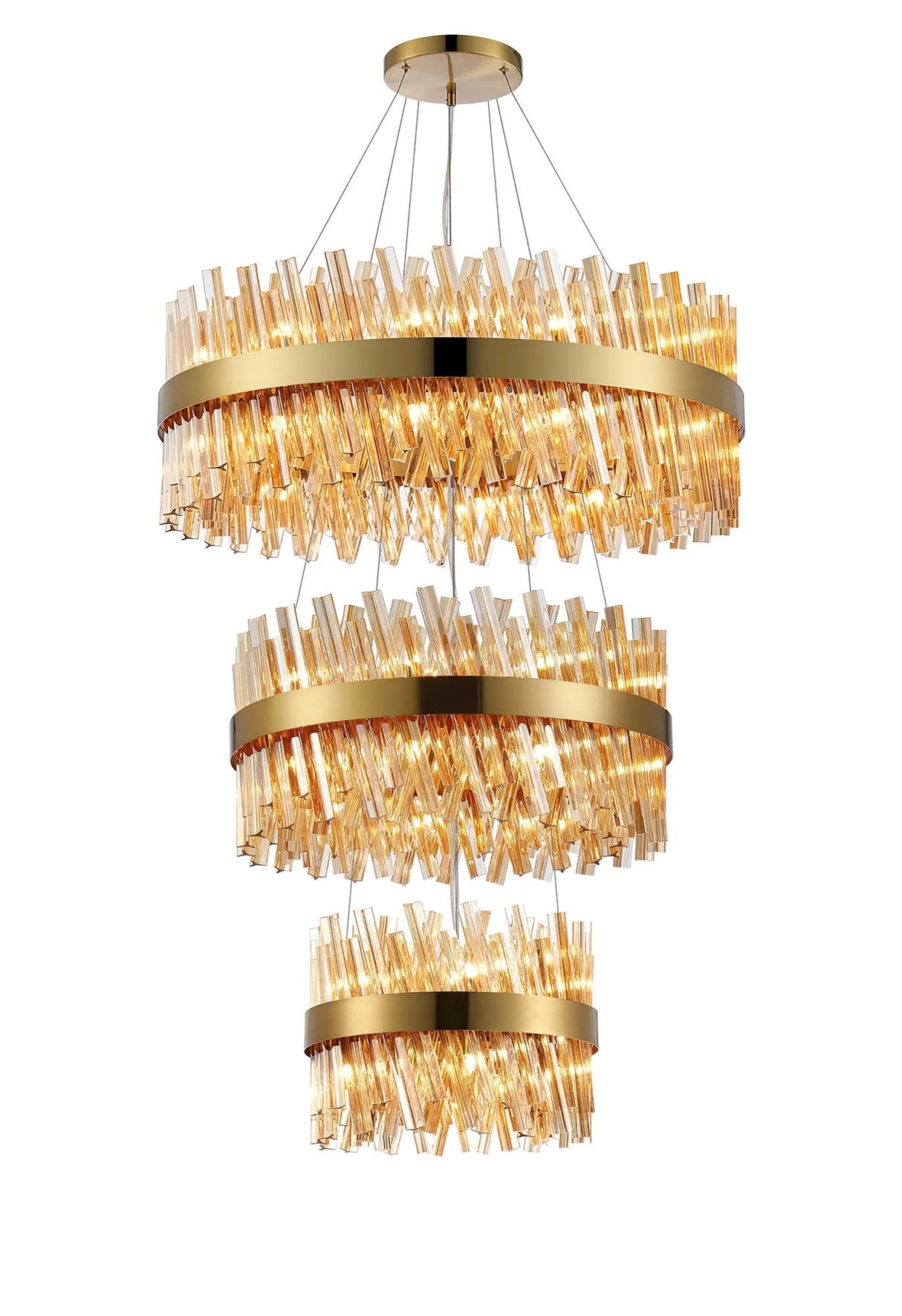 Melville 3 Tier 40cm + 60cm + 80cm Pendant, 10 + 18 + 24 Light G9, Brass/Amber