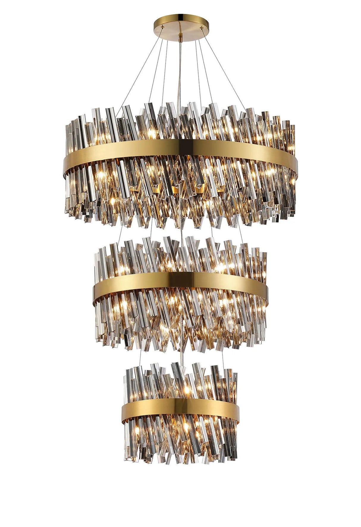 Melville 3 Tier 40cm + 60cm + 80cm Pendant, 10 + 18 + 24 Light G9, Brass/Smoke
